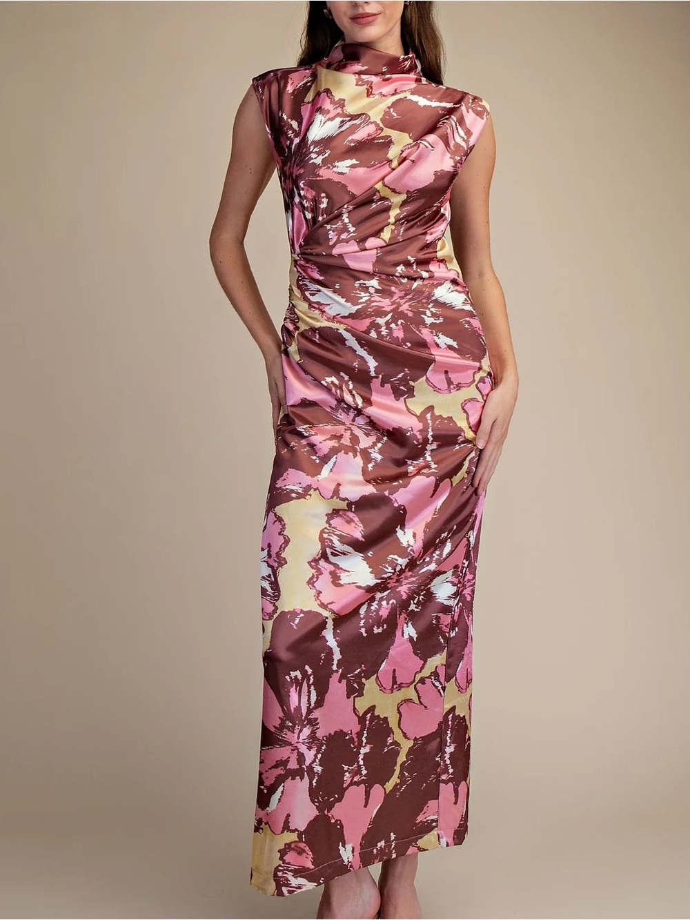 glam Pink, Brown & Cream Floral Satin Maxi Dress